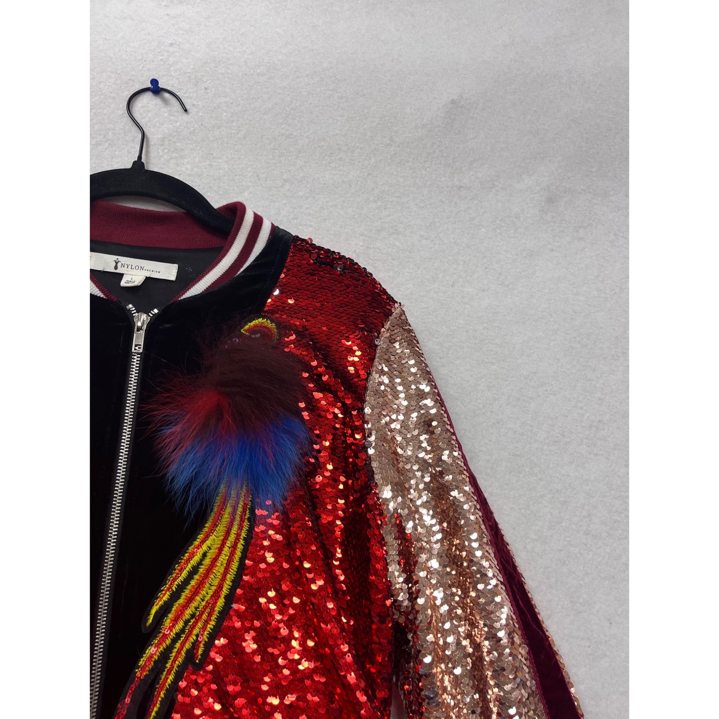 Sequin Bomber Jacket With Embroidered Feathers Nylon Premium L #751A