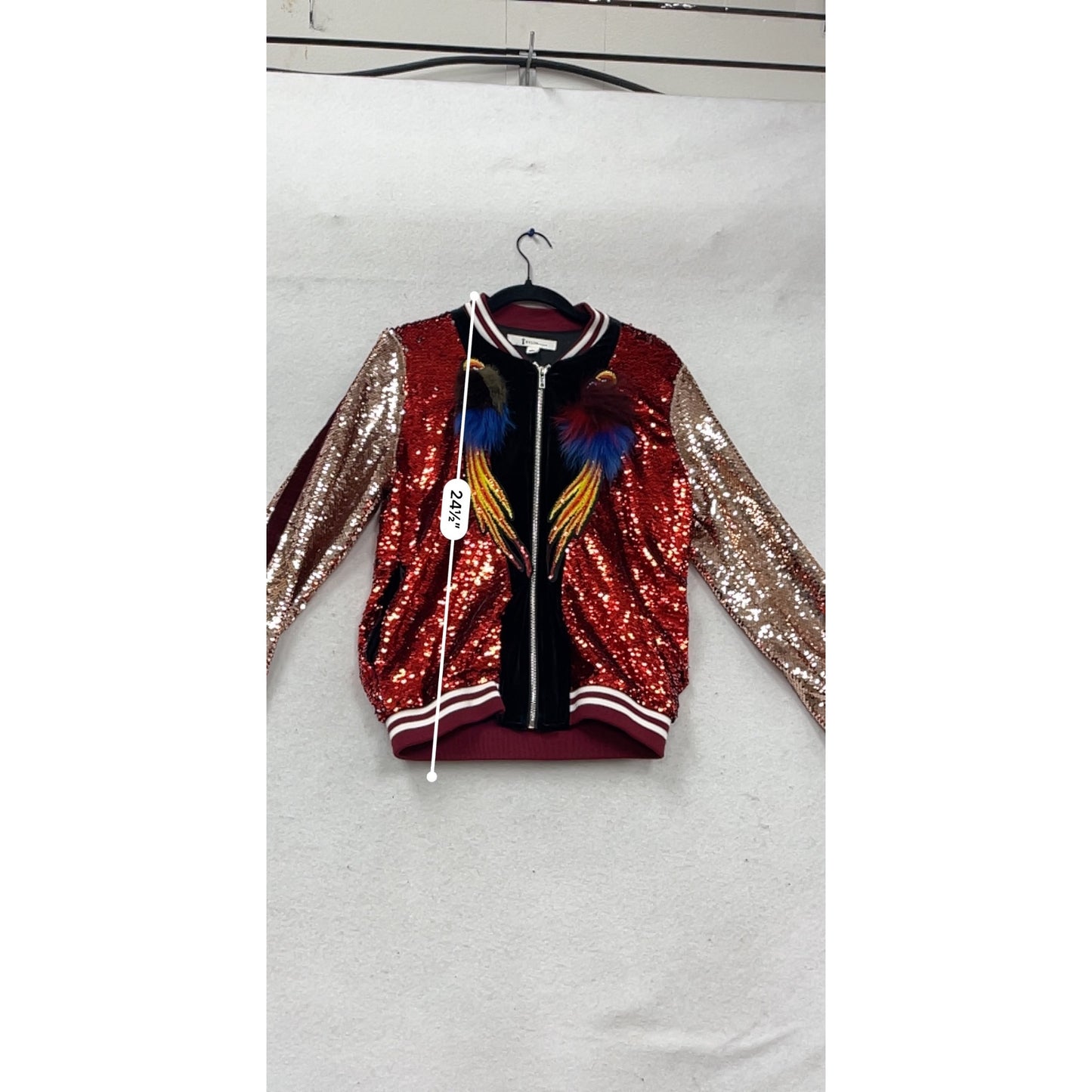 Sequin Bomber Jacket With Embroidered Feathers Nylon Premium L #751A
