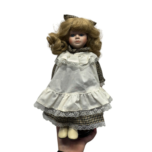 Vintage Porcelain Doll With Brown Hair & Checkered Dress #421B