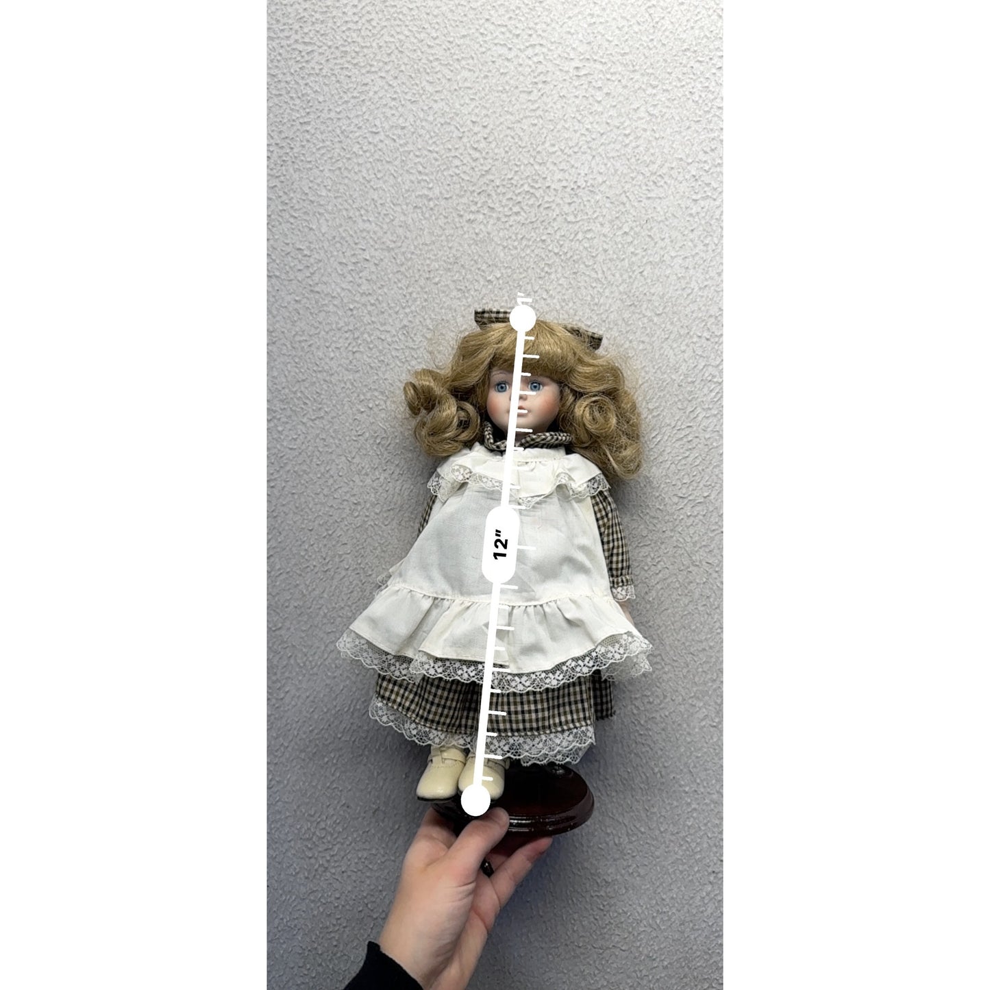 Vintage Porcelain Doll With Brown Hair & Checkered Dress #421B