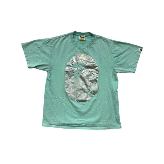 Bape Mens Mint Green Graphic Tee With Metallic Silver Design Size L #72A