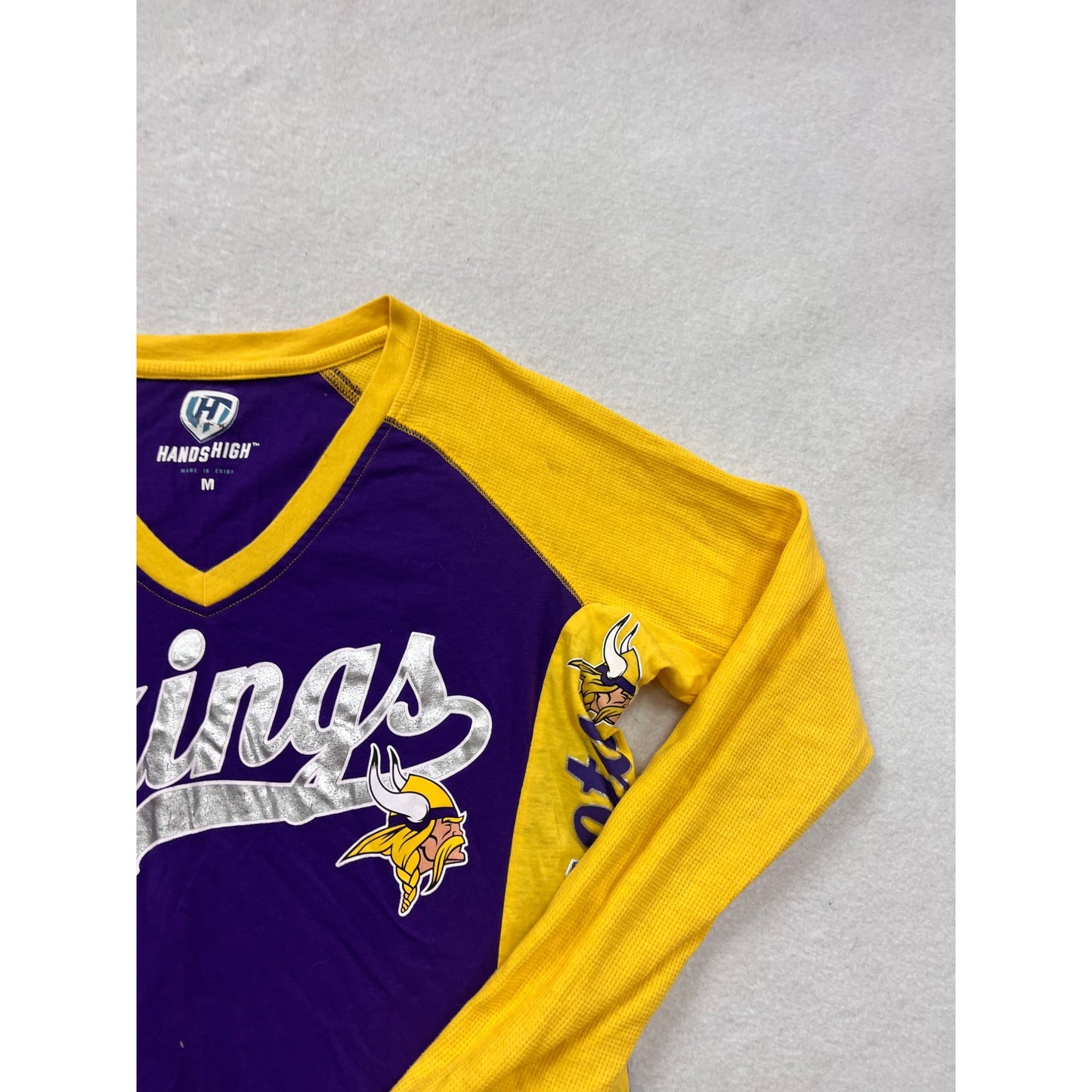 Womens Hands High Minnesota Vikings Long Sleeve Raglan Shirt Size M #8801