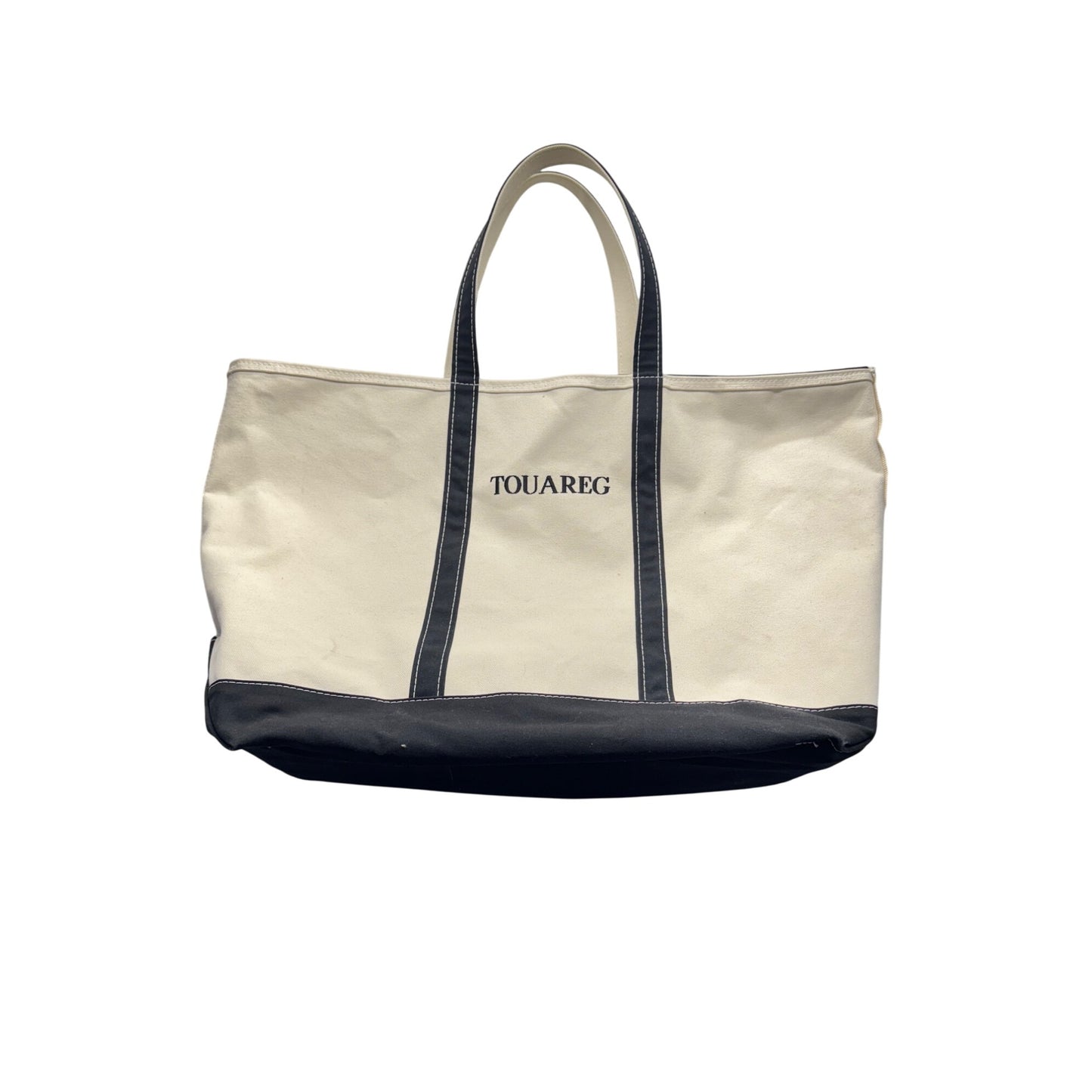L.L. Bean Canvas Tote Bag Touareg Logo Beige/Navy Large With Zip Closure #9965
