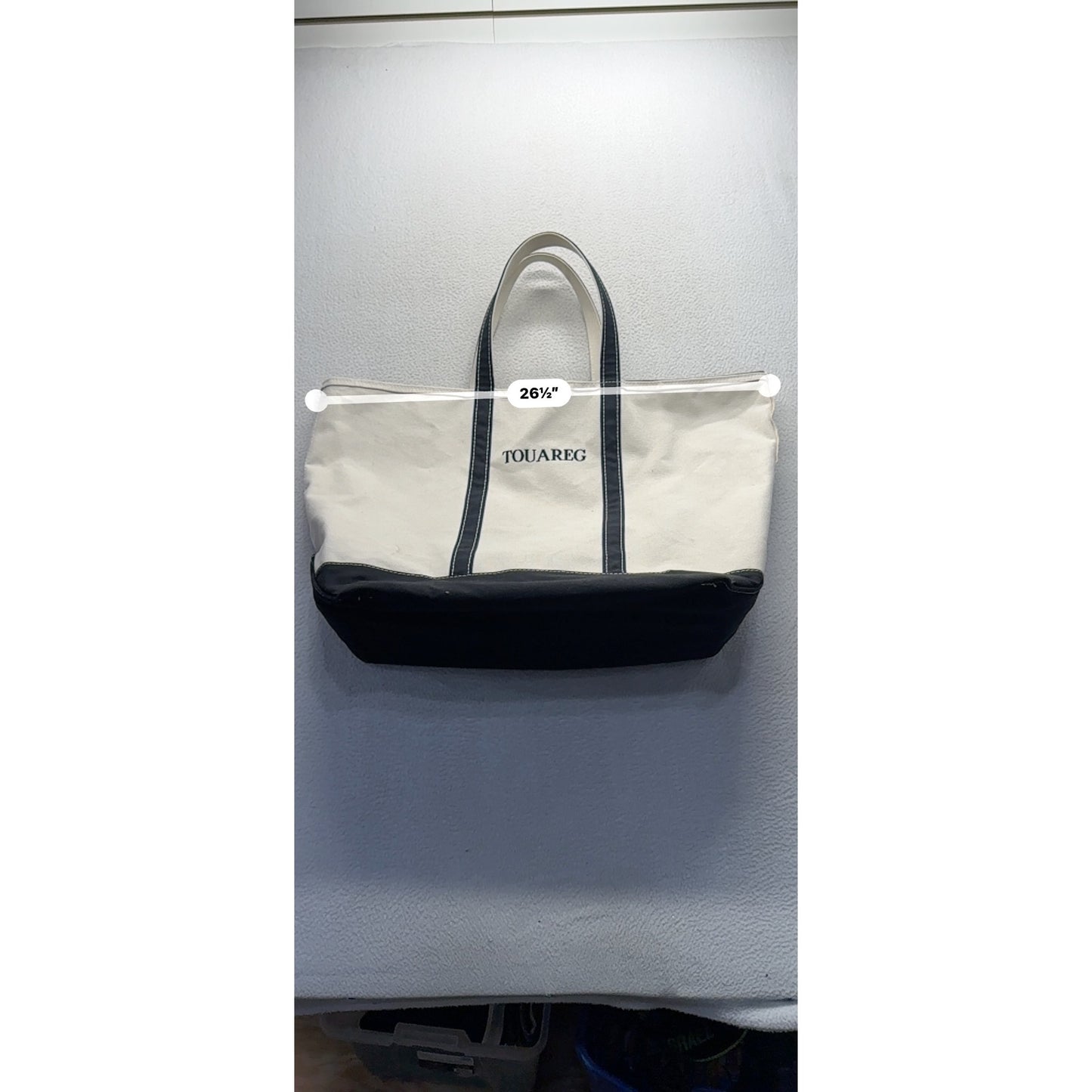 L.L. Bean Canvas Tote Bag Touareg Logo Beige/Navy Large With Zip Closure #9965