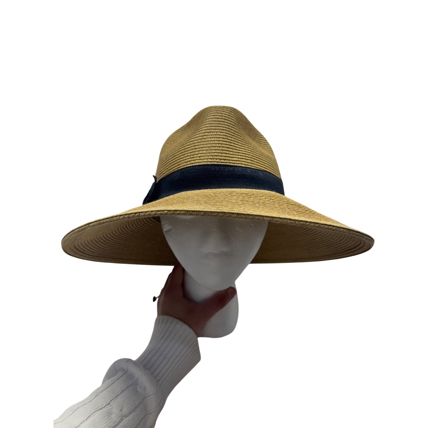 Wide Brim Straw Hat With Black Ribbon Bow & Pineapple Accent #9851