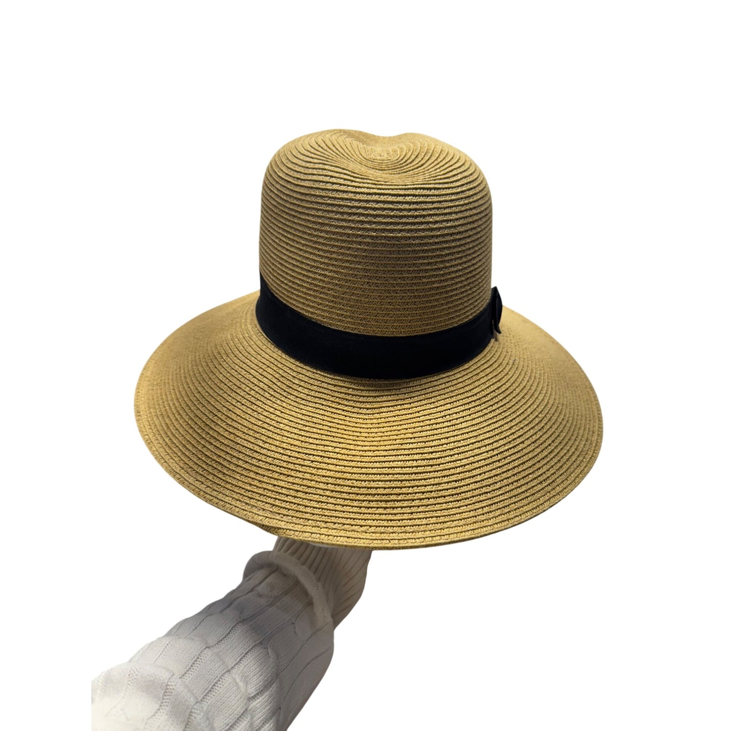 Wide Brim Straw Hat With Black Ribbon Bow & Pineapple Accent #9851