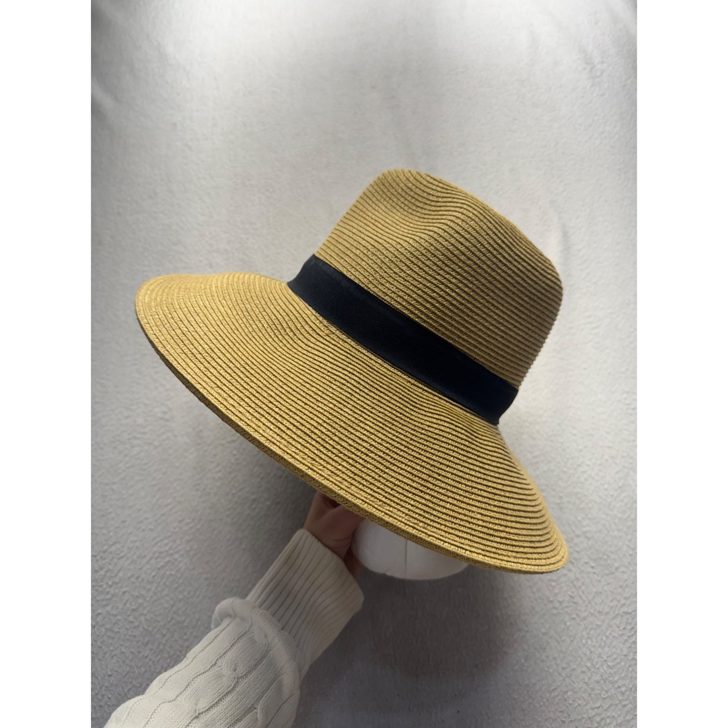 Wide Brim Straw Hat With Black Ribbon Bow & Pineapple Accent #9851