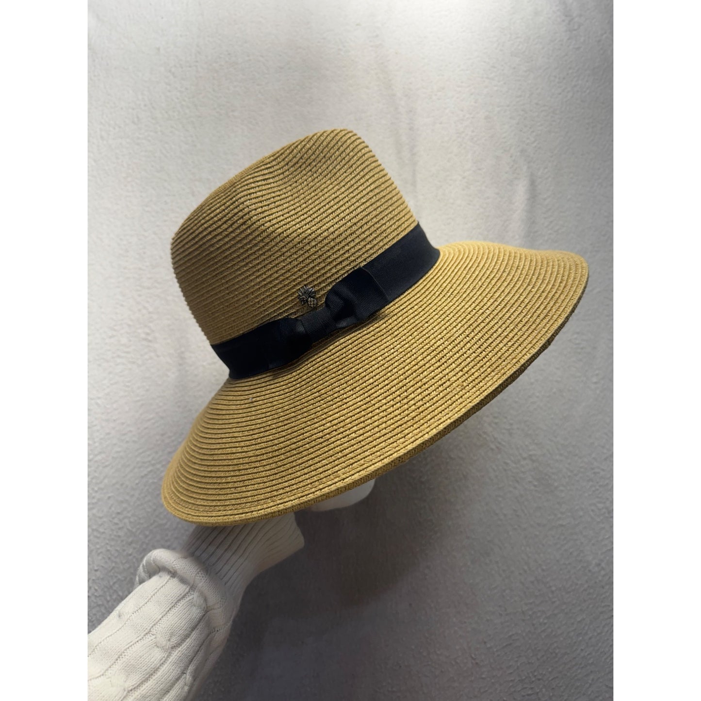Wide Brim Straw Hat With Black Ribbon Bow & Pineapple Accent #9851