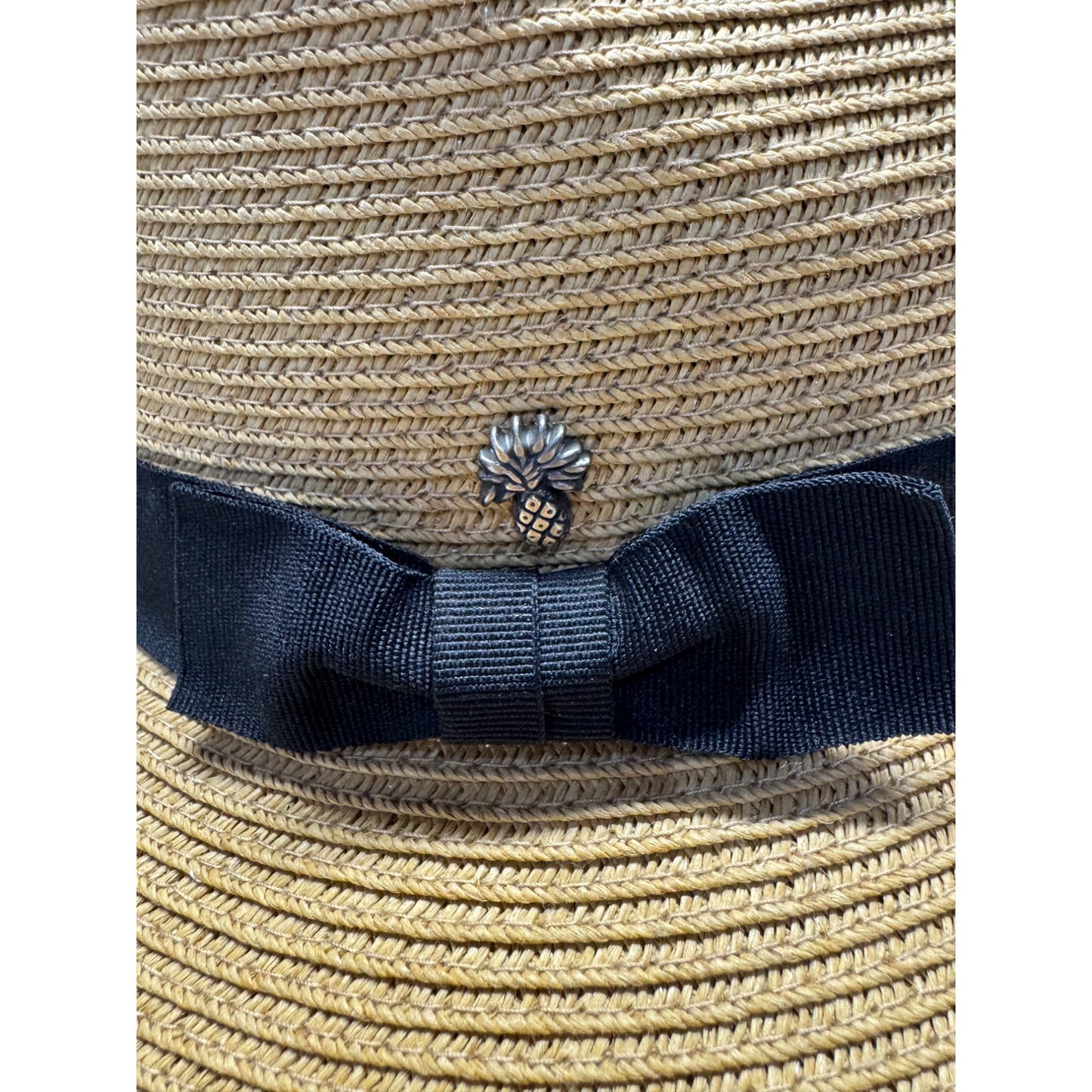 Wide Brim Straw Hat With Black Ribbon Bow & Pineapple Accent #9851