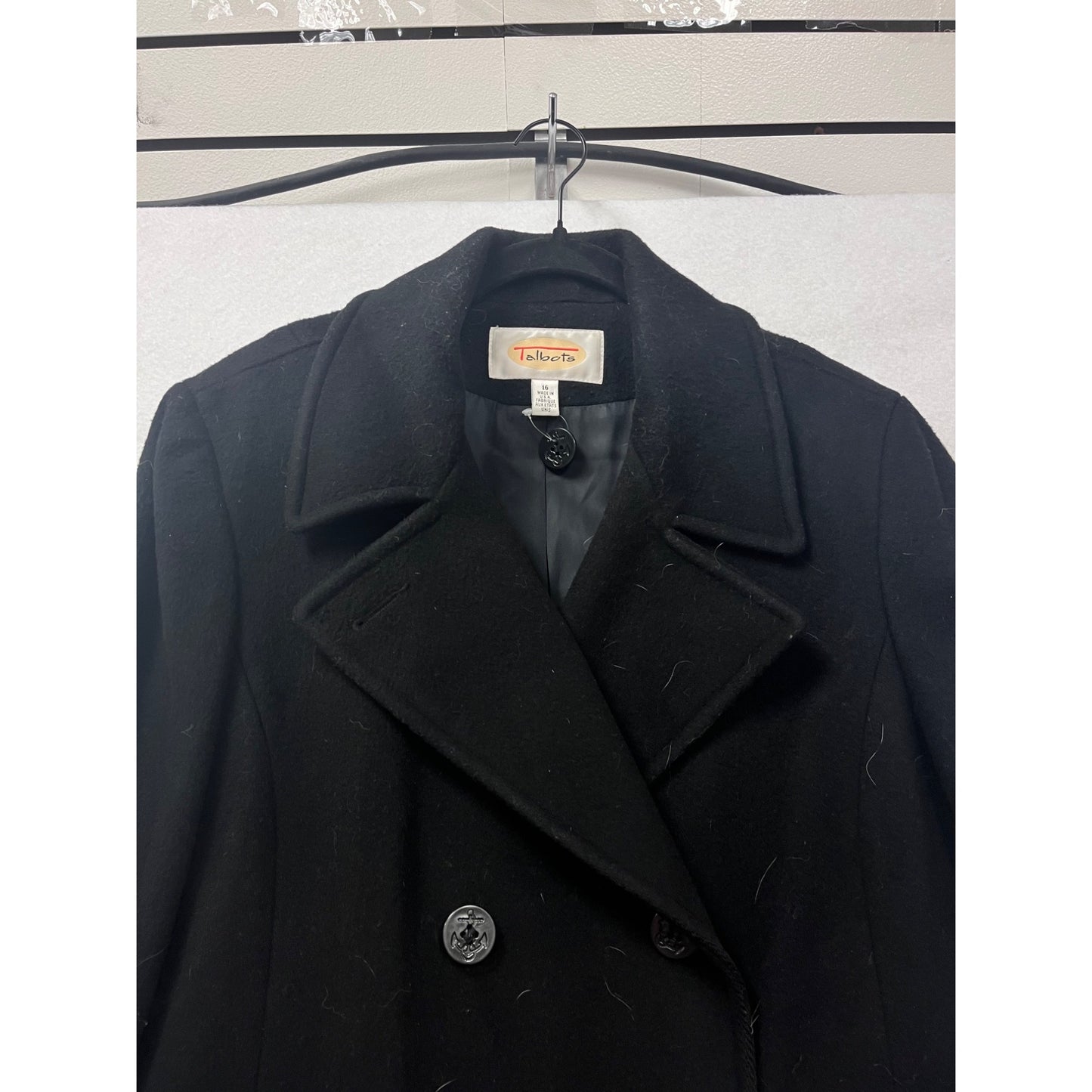 Vintage Talbots Black Wool Blend Double-Breasted Peacoat Size 16 #86A