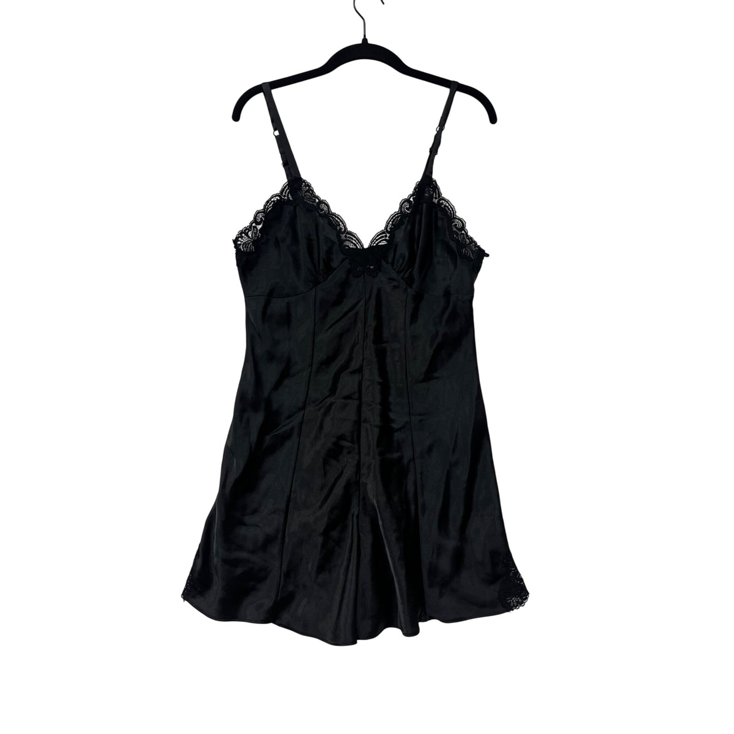 Cacique Womens Black Satin & Lace Chemise Lingerie Nightgown With Adjustable Straps Size M #8799
