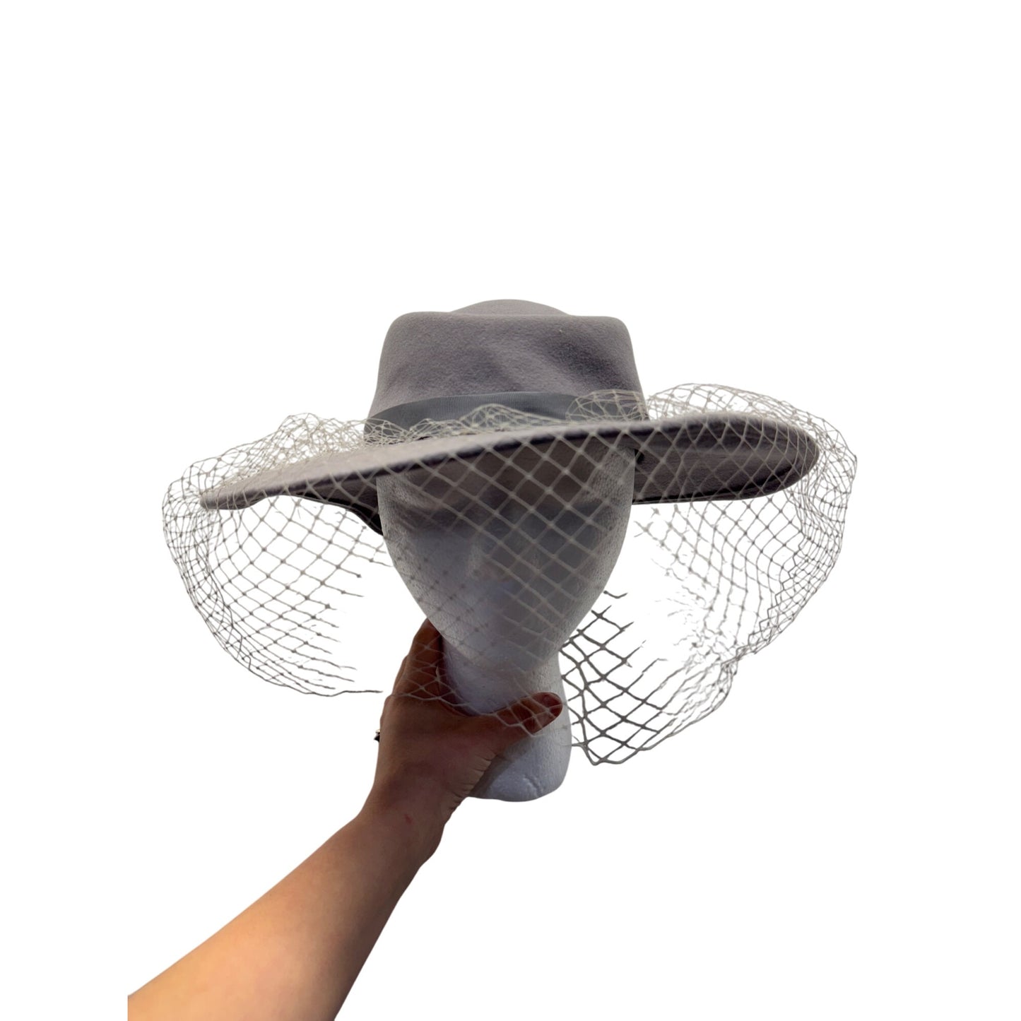 Vintage Ernie Gray Wide Brim Hat With Bow & Veil Accent #9766