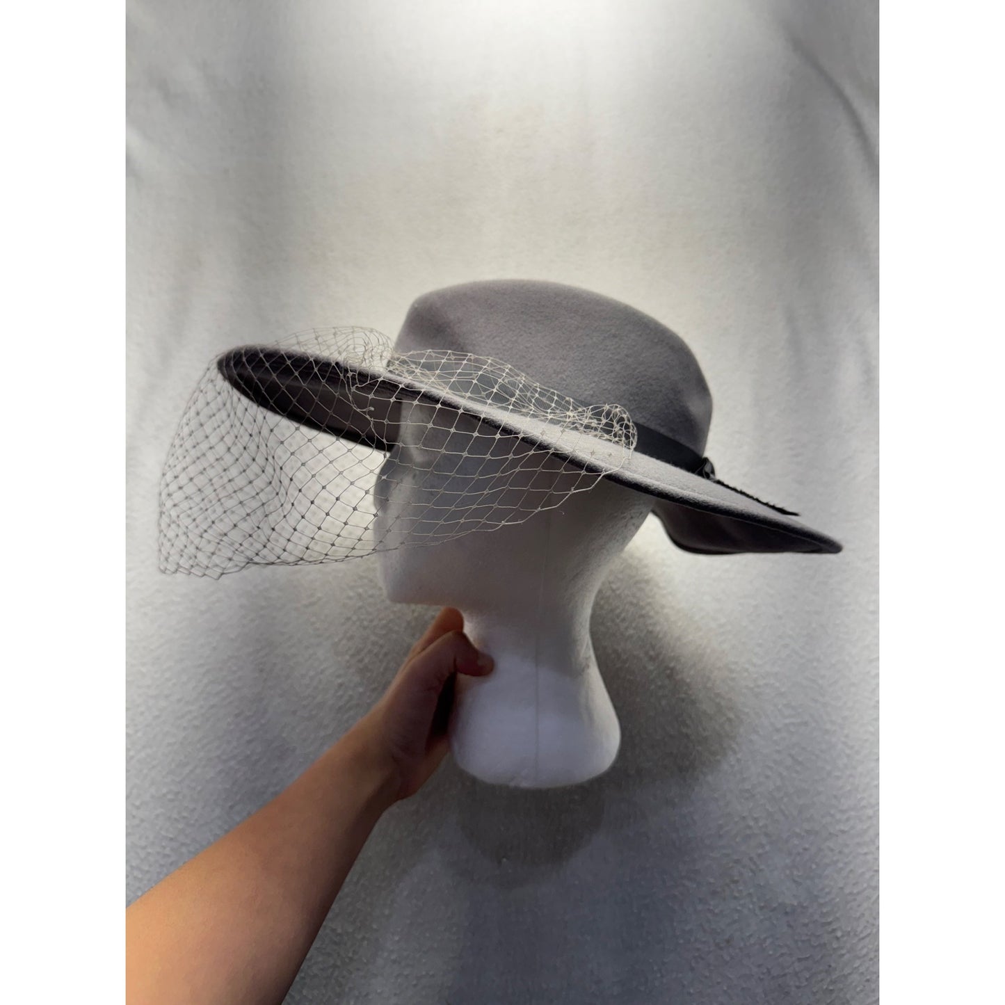 Vintage Ernie Gray Wide Brim Hat With Bow & Veil Accent #9766