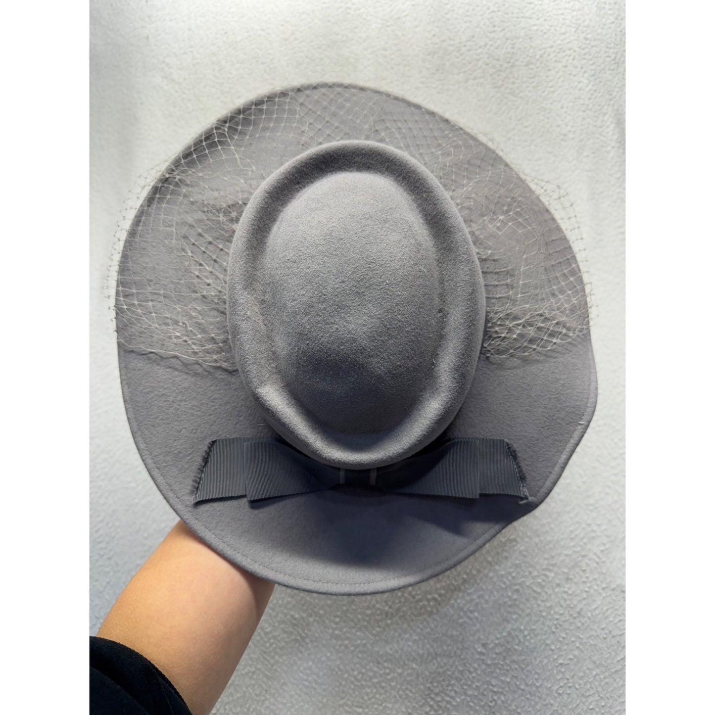 Vintage Ernie Gray Wide Brim Hat With Bow & Veil Accent #9766