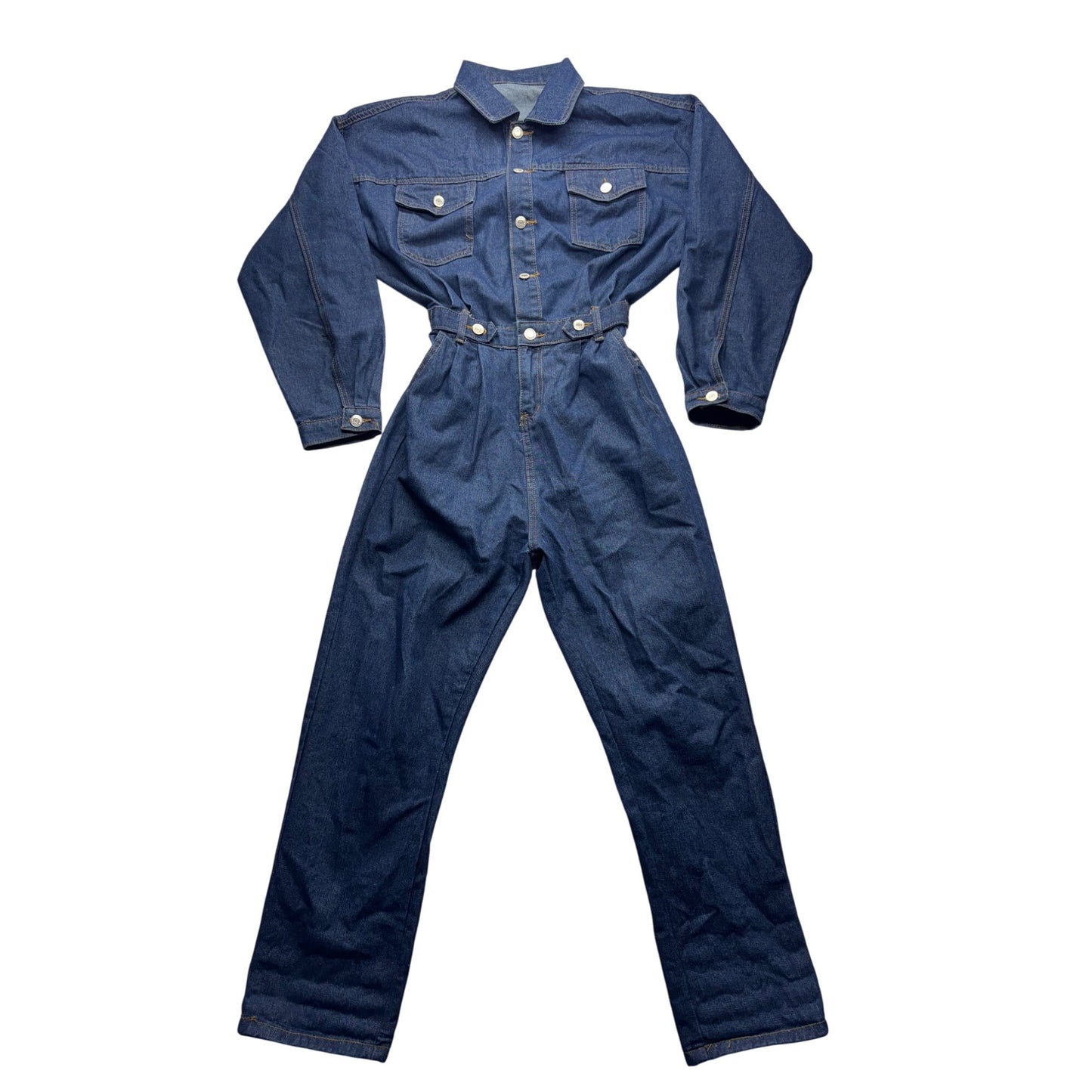 Vintage Blue Denim Long Sleeve Jumpsuit With Button-Down Front & Elastic #9358