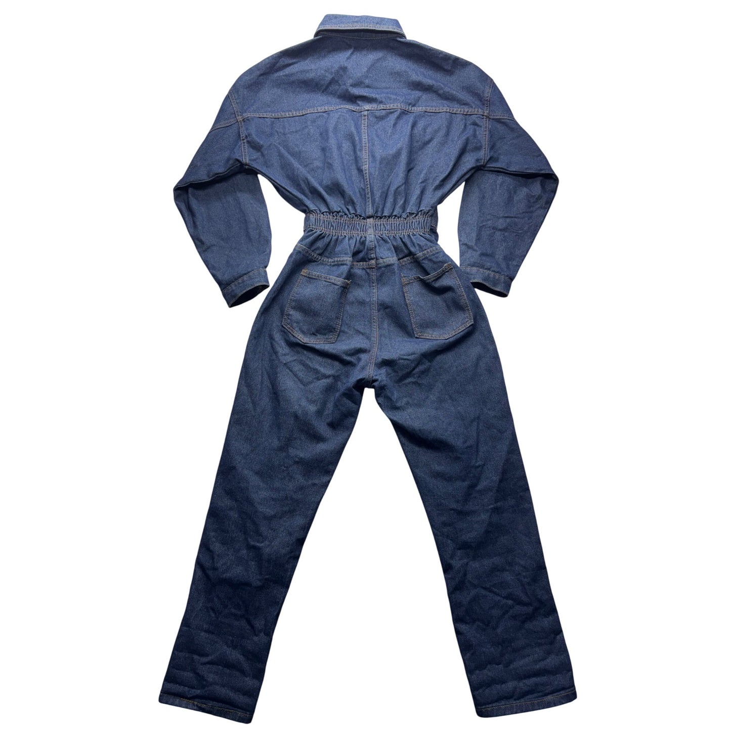 Vintage Blue Denim Long Sleeve Jumpsuit With Button-Down Front & Elastic #9358