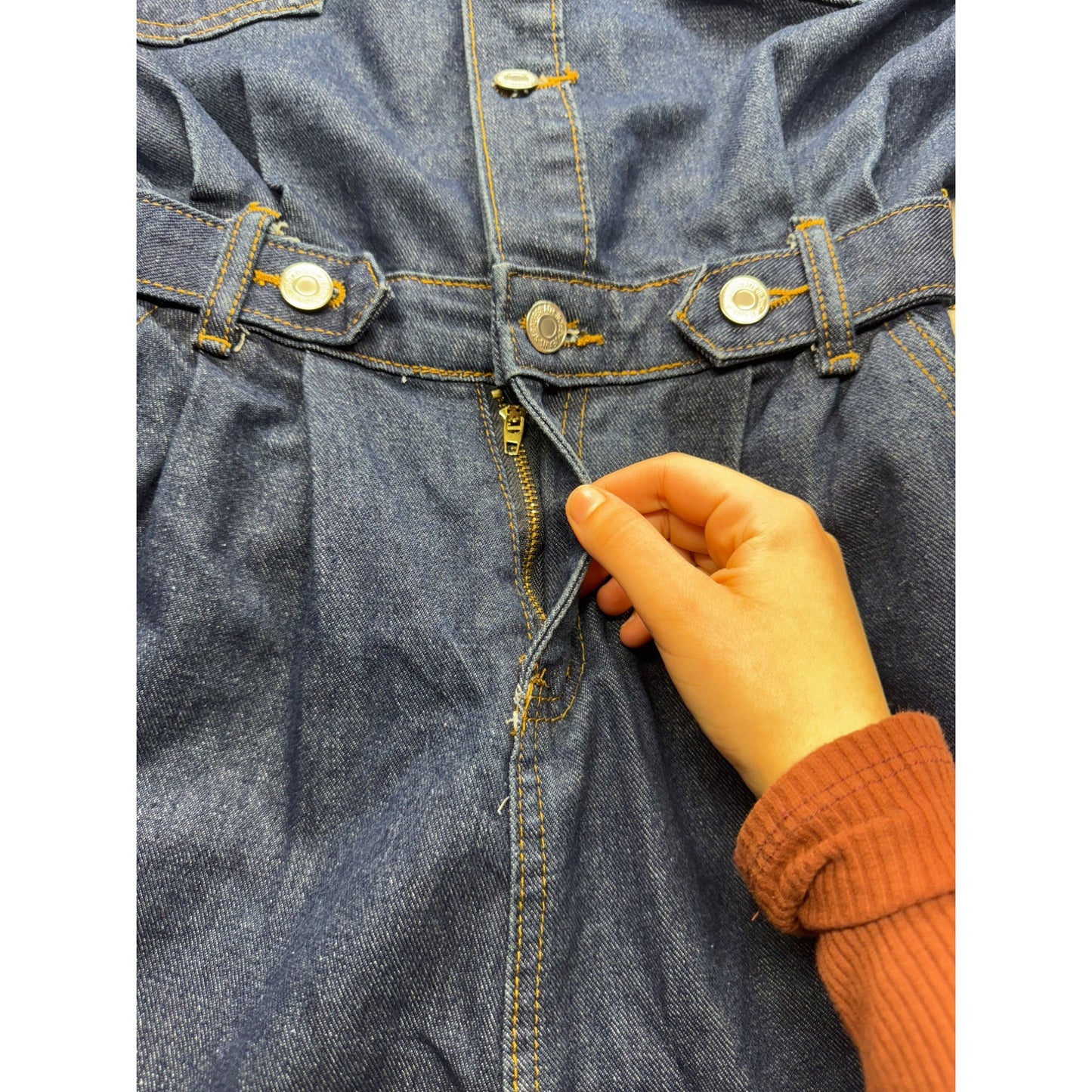 Vintage Blue Denim Long Sleeve Jumpsuit With Button-Down Front & Elastic #9358