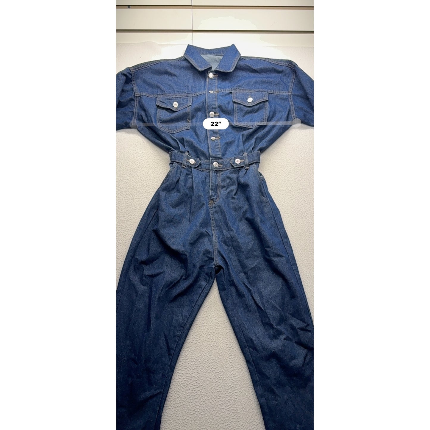 Vintage Blue Denim Long Sleeve Jumpsuit With Button-Down Front & Elastic #9358
