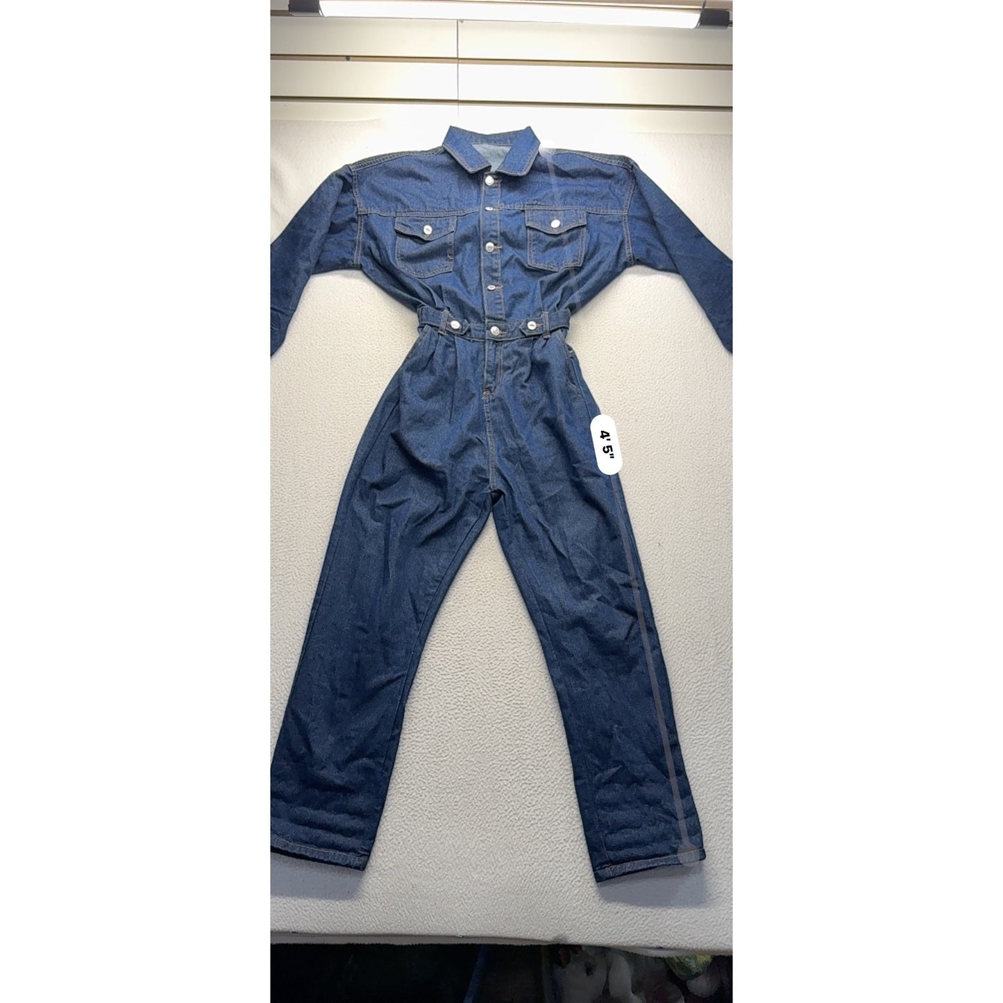 Vintage Blue Denim Long Sleeve Jumpsuit With Button-Down Front & Elastic #9358