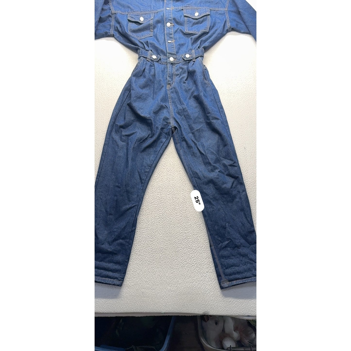 Vintage Blue Denim Long Sleeve Jumpsuit With Button-Down Front & Elastic #9358