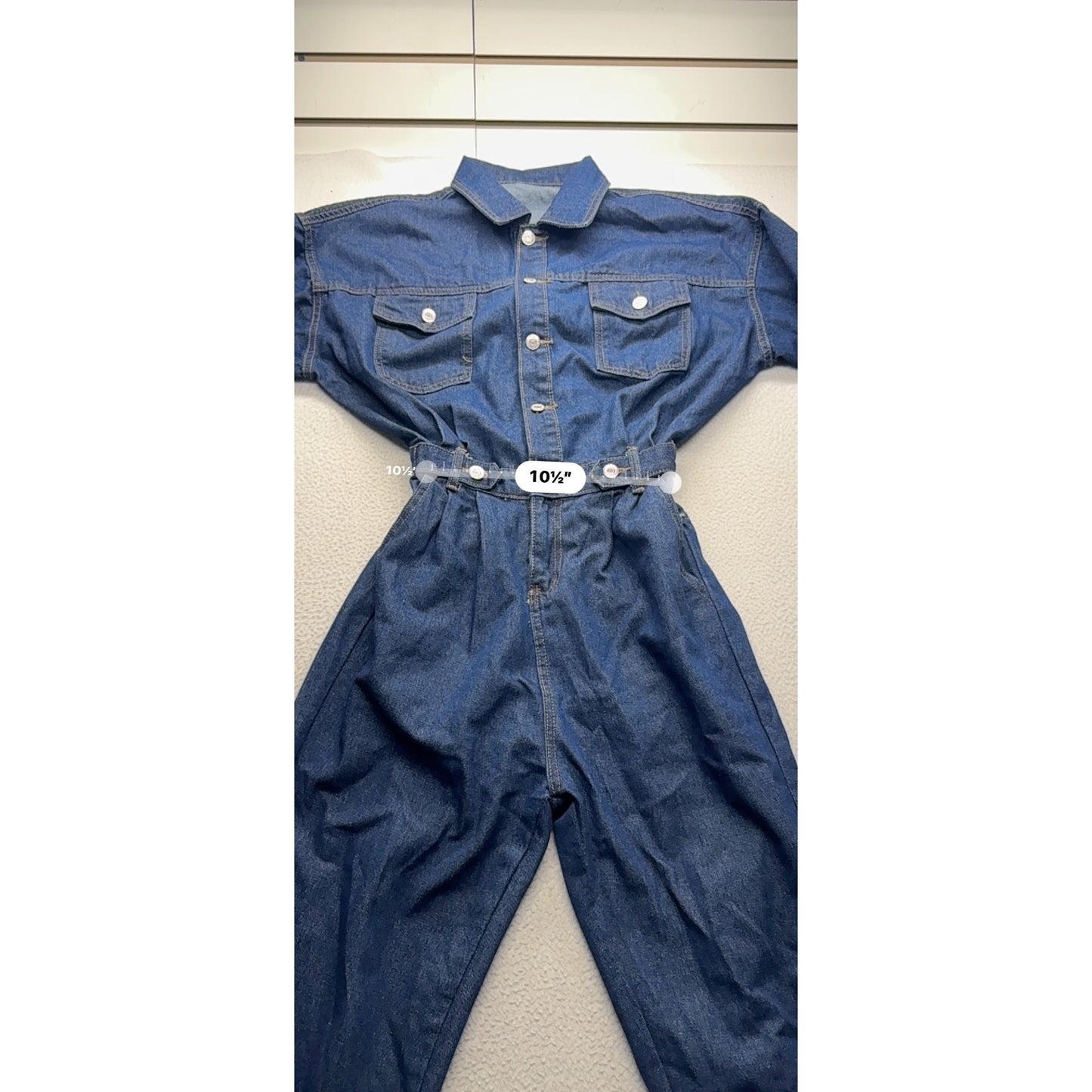 Vintage Blue Denim Long Sleeve Jumpsuit With Button-Down Front & Elastic #9358