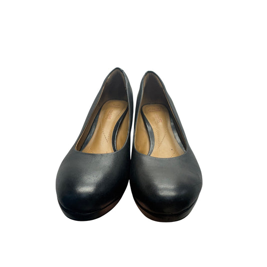 Clarks Black Leather Cushioned Heels Classic Round Toe Comfort Pumps #9811