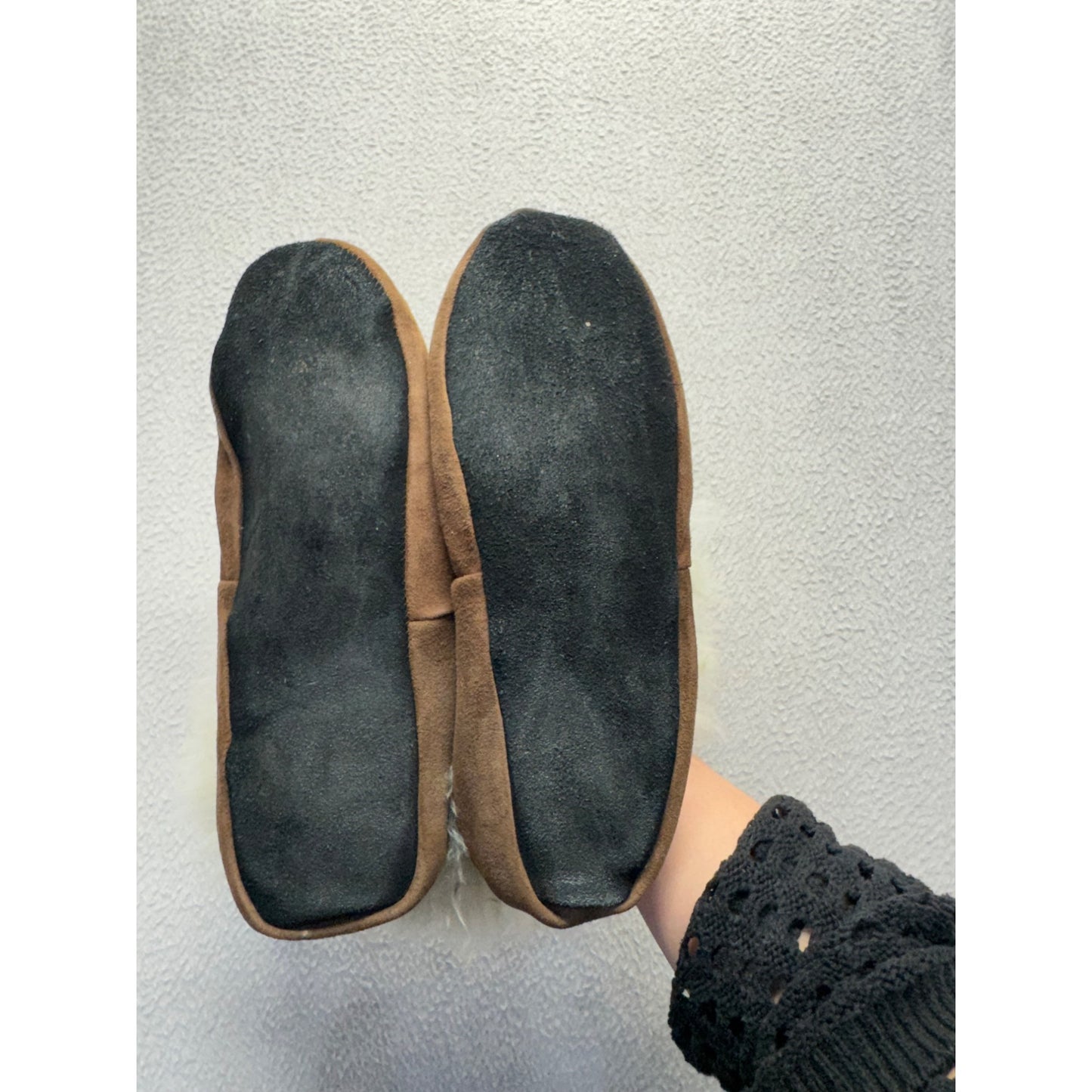 Cozy Shearling-Lined Suede Slippers With Rubber Soles Brown & Cream #9689