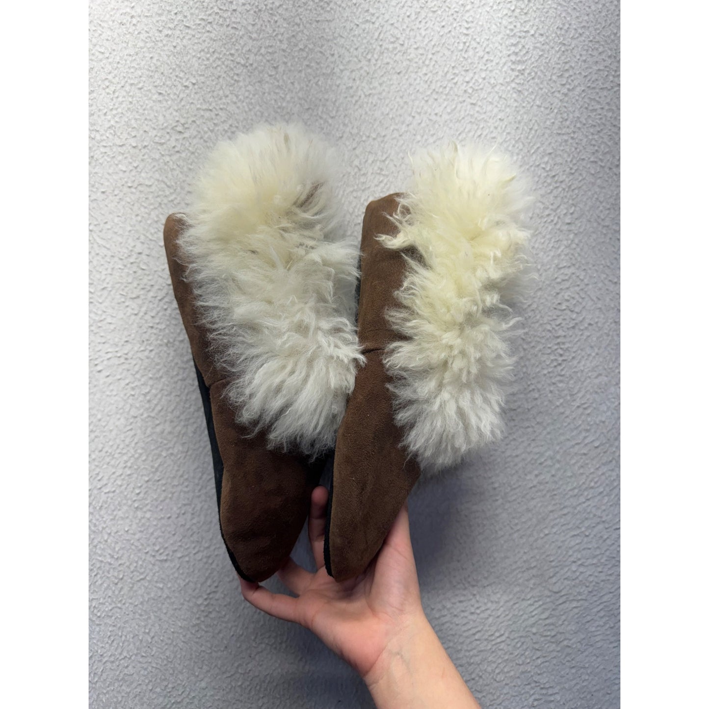 Cozy Shearling-Lined Suede Slippers With Rubber Soles Brown & Cream #9689