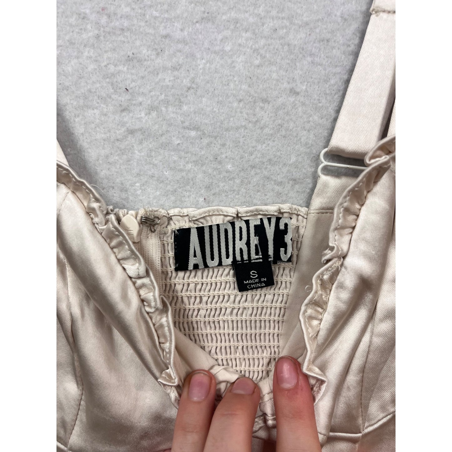 Audrey 3+1 Satin Mini Dress S Beige Ruffle Hem #968A