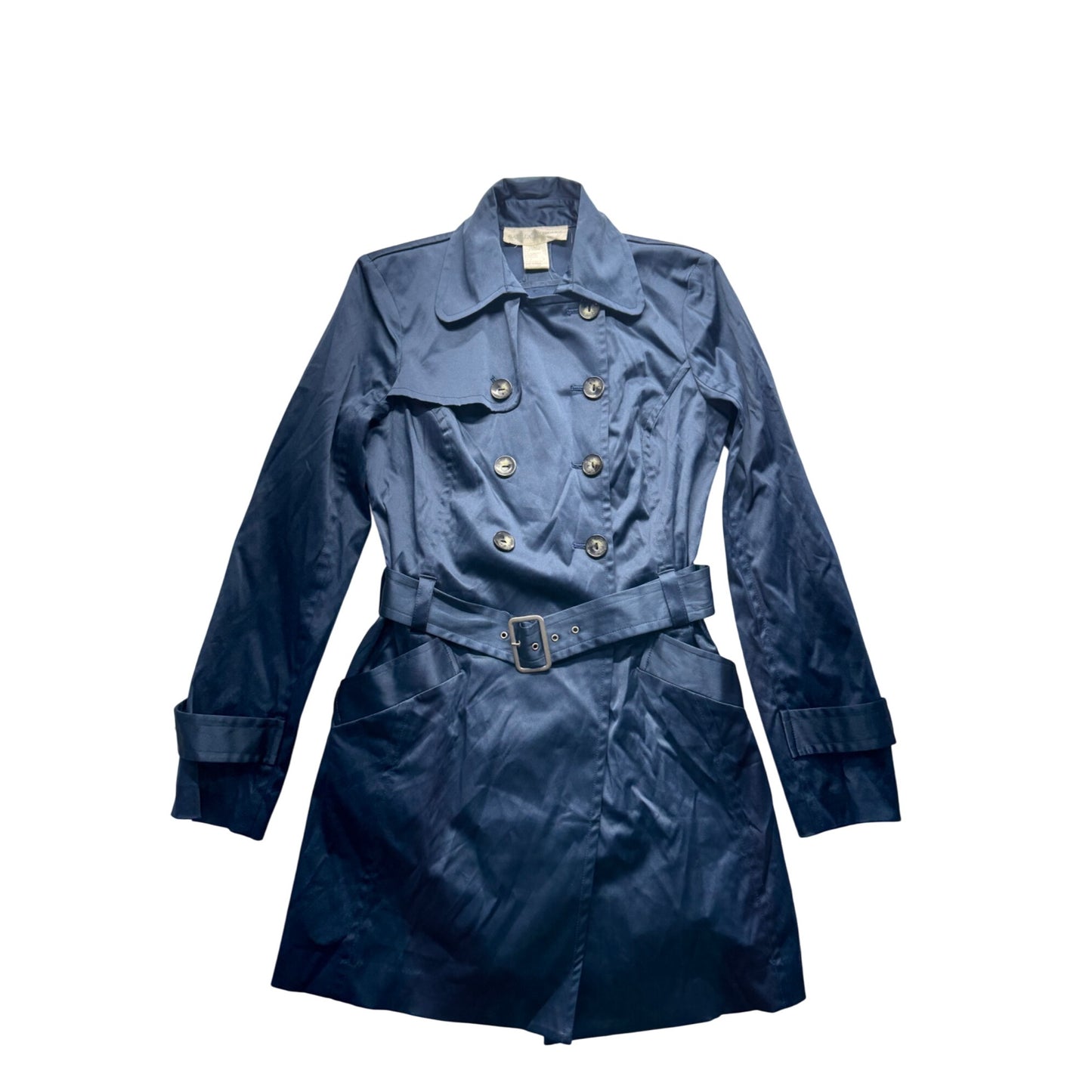 Double-Breasted Navy Trench Coat With Belt & Button Details Size M #9346