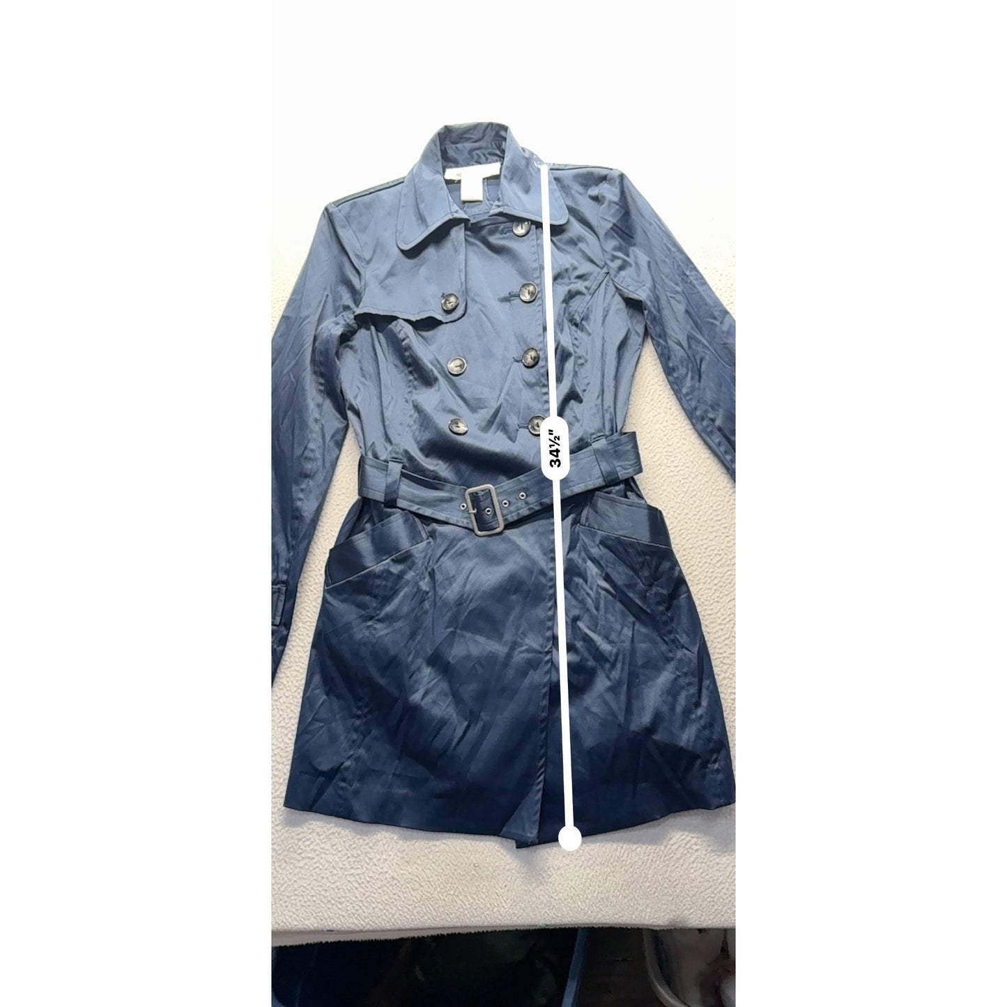 Double-Breasted Navy Trench Coat With Belt & Button Details Size M #9346
