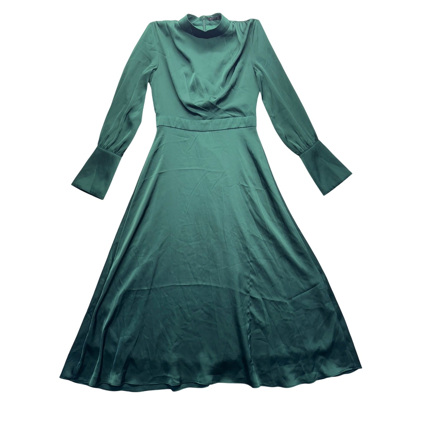 Motf XS Green Long-Sleeve Satin A-Line Dress With Gold Button Cuffs #9997