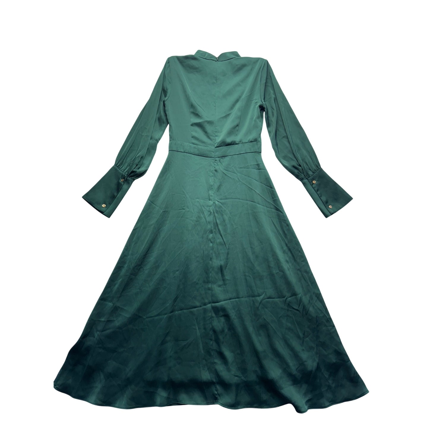 Motf XS Green Long-Sleeve Satin A-Line Dress With Gold Button Cuffs #9997