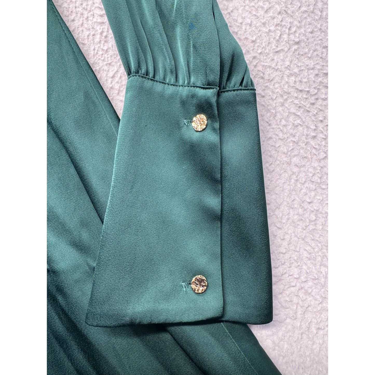Motf XS Green Long-Sleeve Satin A-Line Dress With Gold Button Cuffs #9997