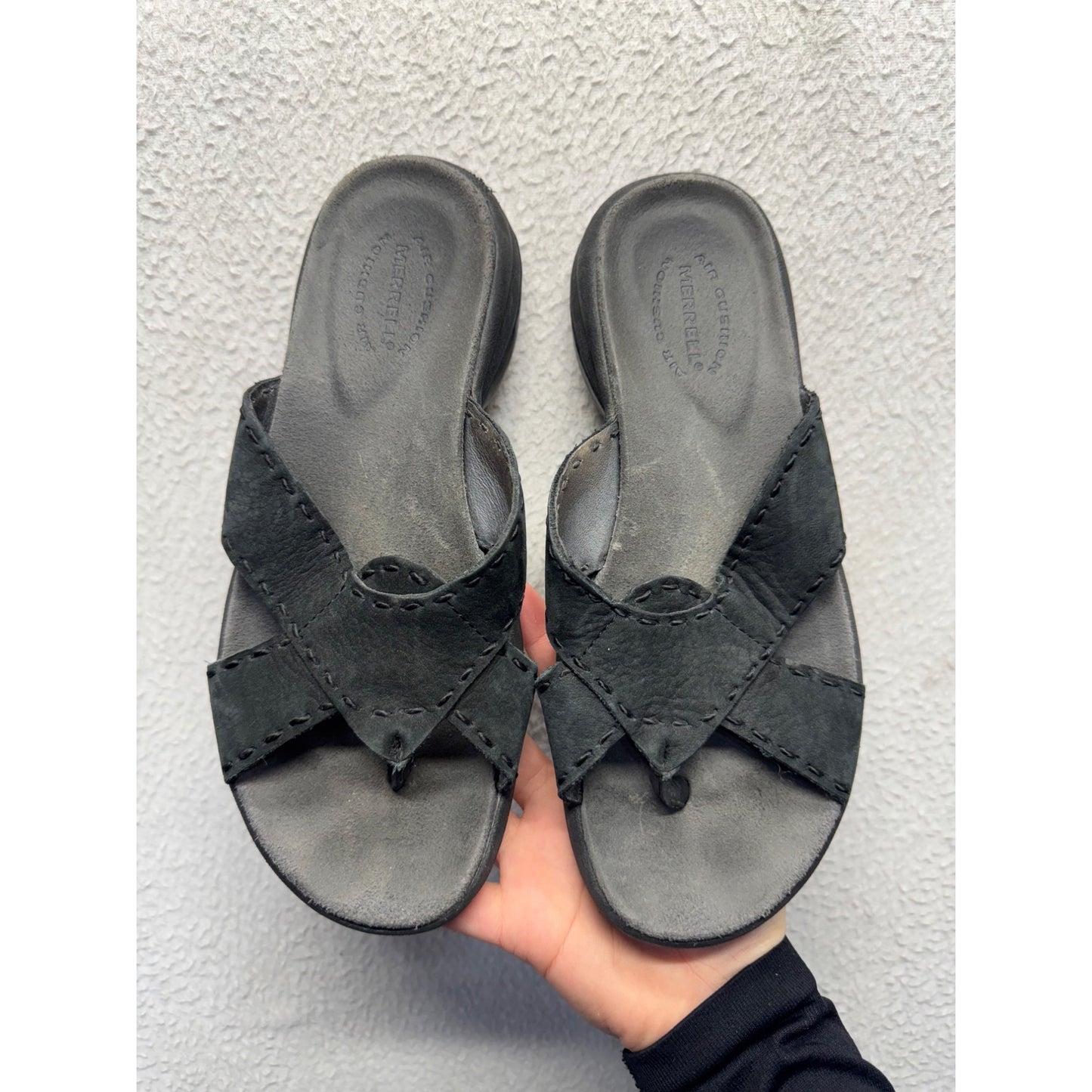 Merrell Black Leather Sandals Slip-On Comfort Shoes With Toe Strap Size 9 #9397