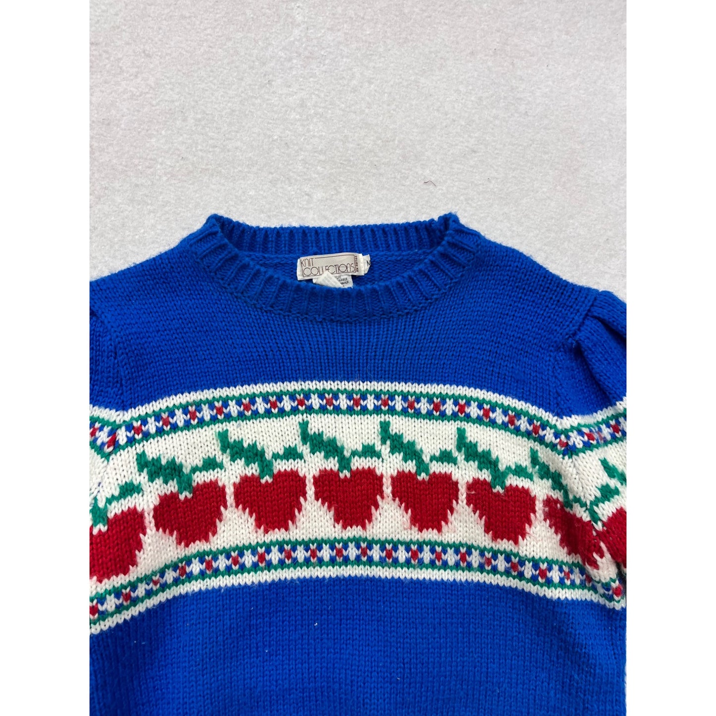Vintage Blue Knit Sweater W/ Red Heart Pattern By Knit Collections #145A