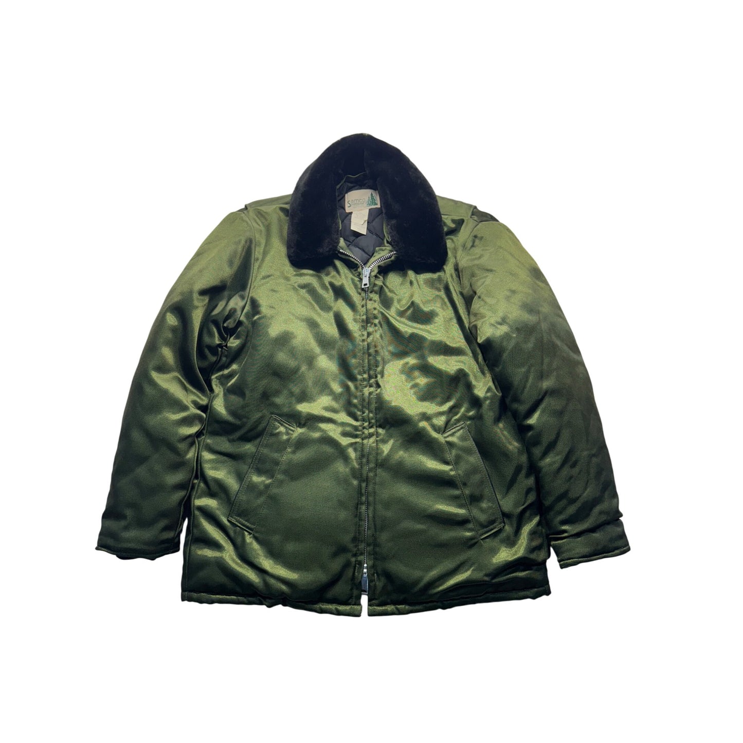 Samco Sportswear Vintage Quilted Green Jacket Black Fur Collar Tall 42 #9360