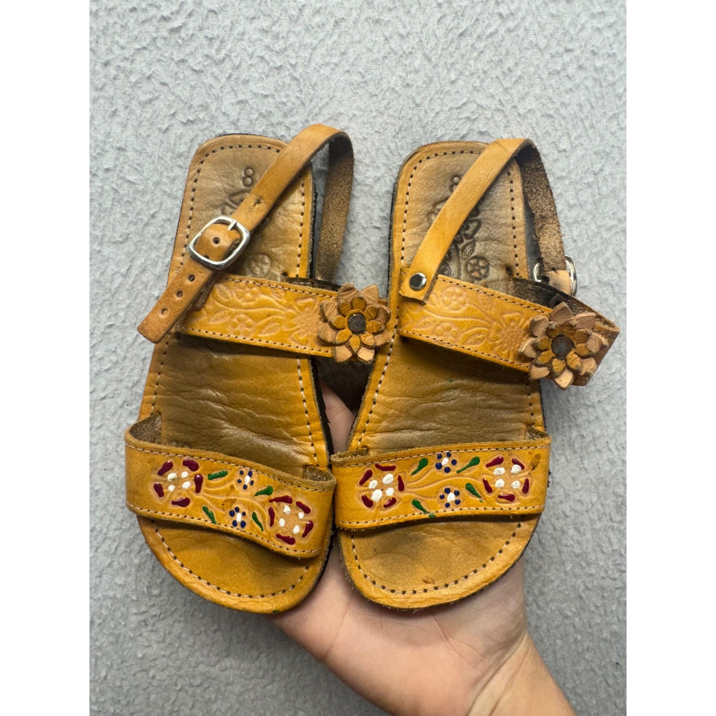 Handcrafted Yellow Leather Sandals Floral & Adjustable Straps Size 8 #9795
