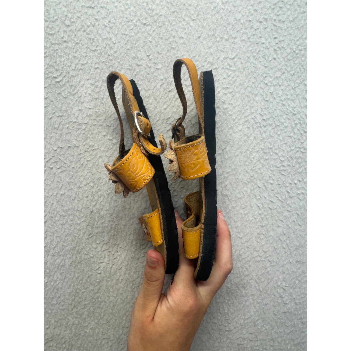 Handcrafted Yellow Leather Sandals Floral & Adjustable Straps Size 8 #9795
