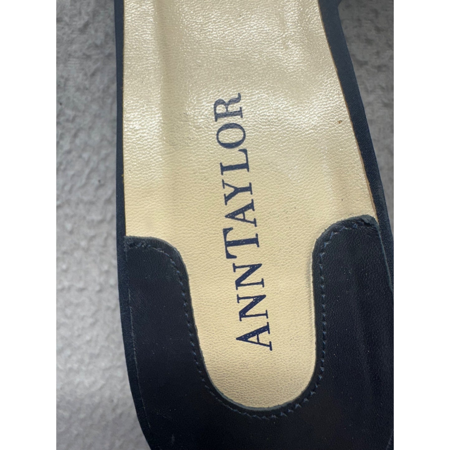 Ann Taylor Navy Blue Embroidered Satin Kitten Heel Mules Size 8.5 M #9807