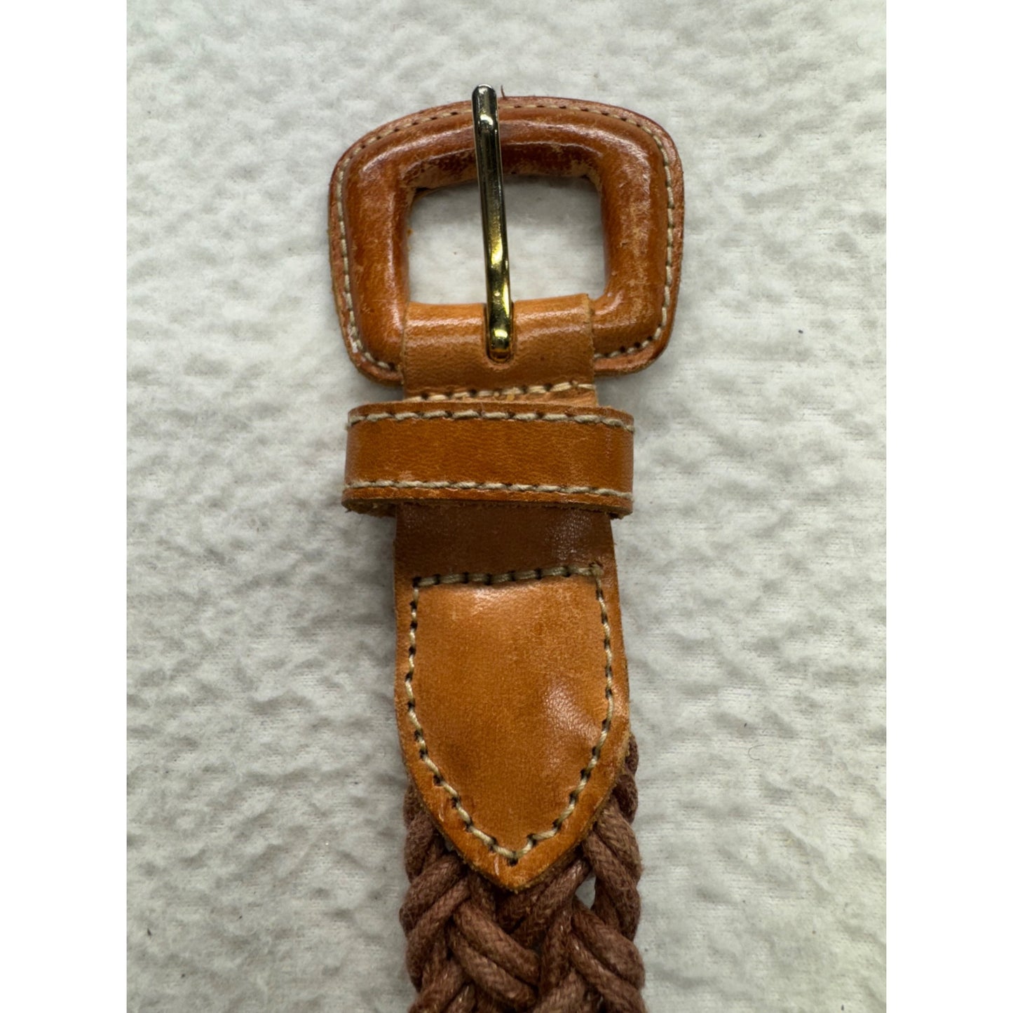 Brown Braided Leather & Fabric Belt With Gold Buckle Adjustable #9895