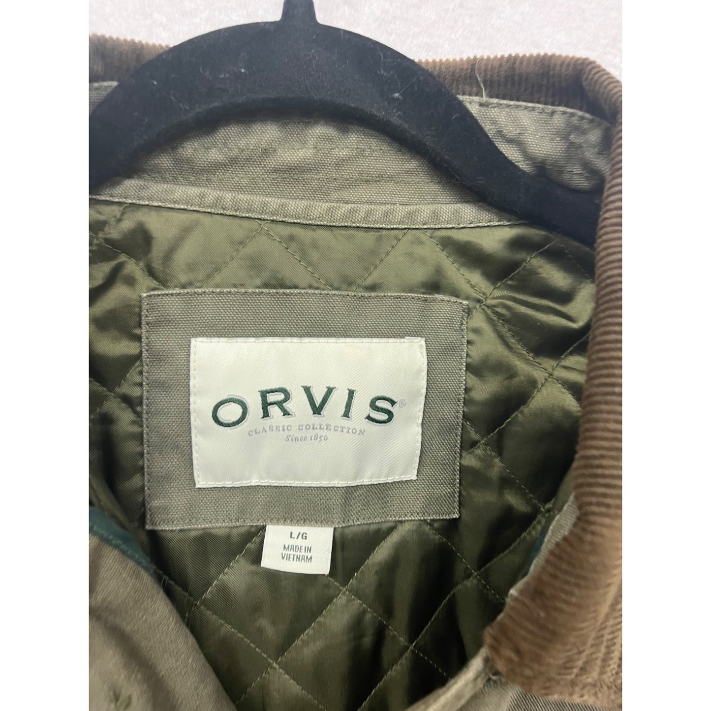 Orvis Large Olive Green Quilted Field Jacket With Corduroy Collar #90A