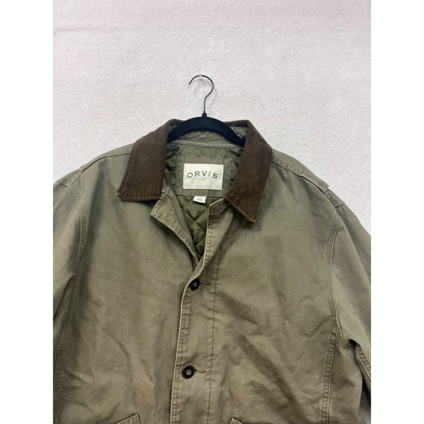 Orvis Large Olive Green Quilted Field Jacket With Corduroy Collar #90A