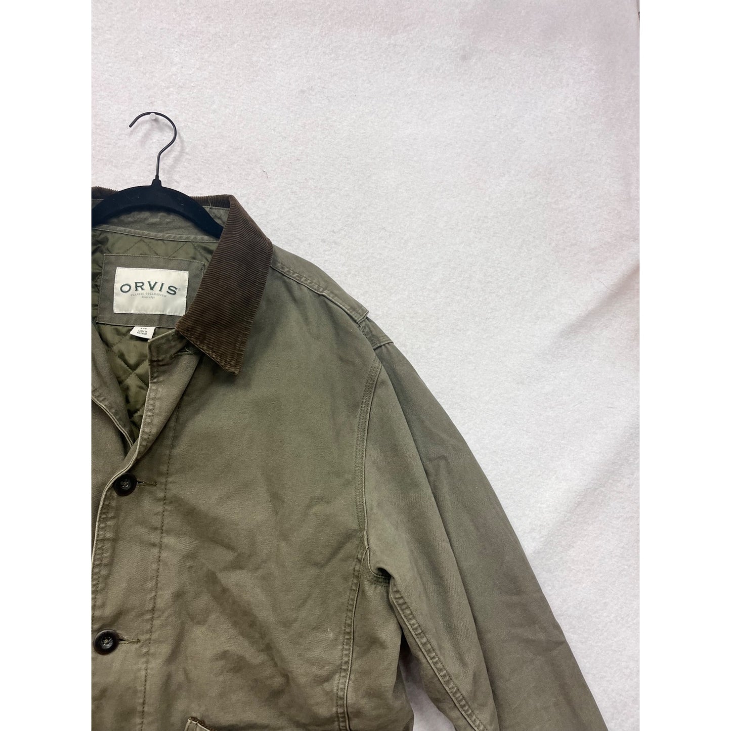 Orvis Large Olive Green Quilted Field Jacket With Corduroy Collar #90A