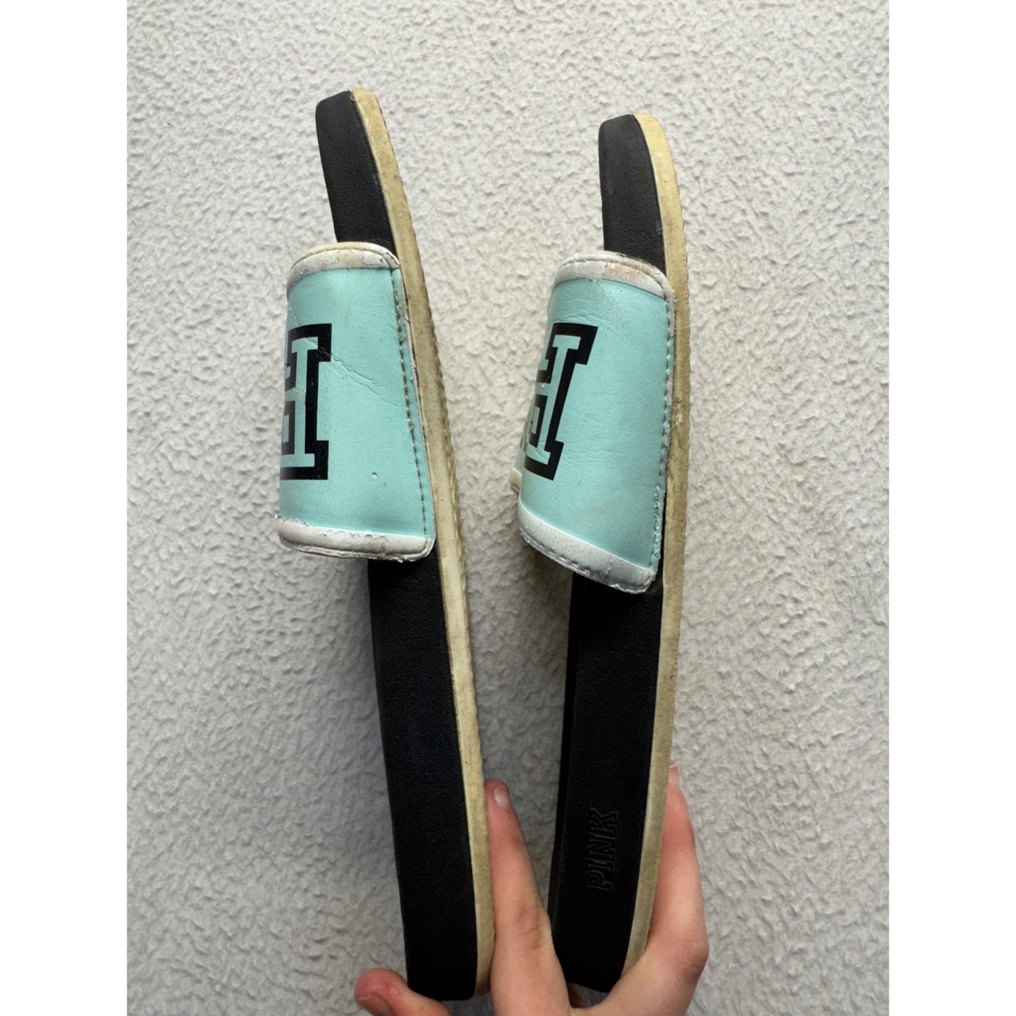 Victorias Secret Pink Mint Green & Black Slide Sandals Size 8 #9402