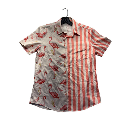 Flamingo & Striped Short-Sleeve Button-Up Shirt By Vatpave #7549
