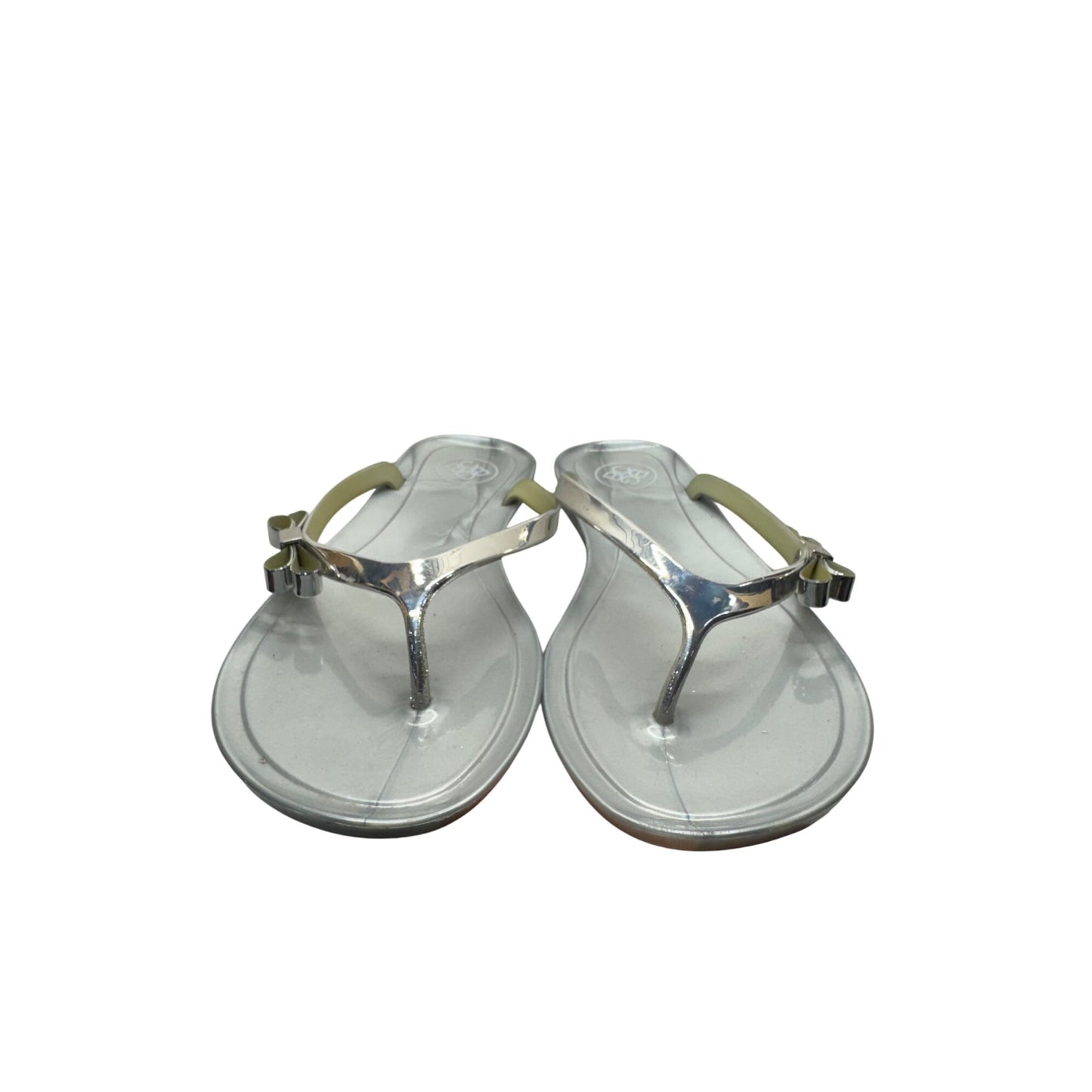 Silver Metallic Bow Jelly Sandals With Olive Straps Size M #9395