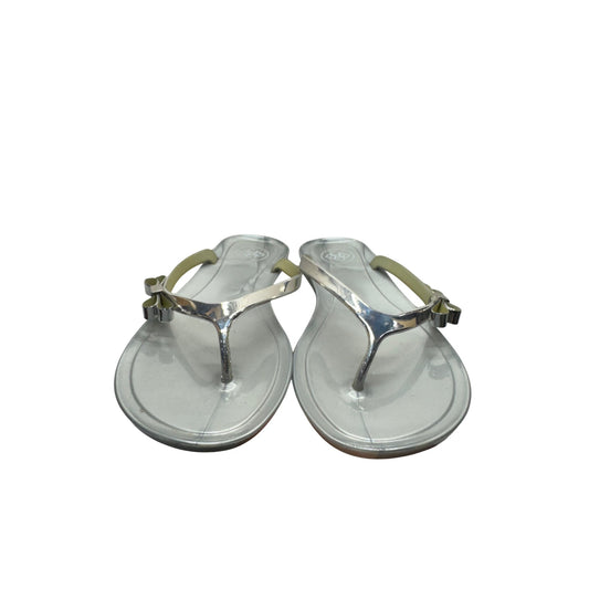 Silver Metallic Bow Jelly Sandals With Olive Straps Size M #9395