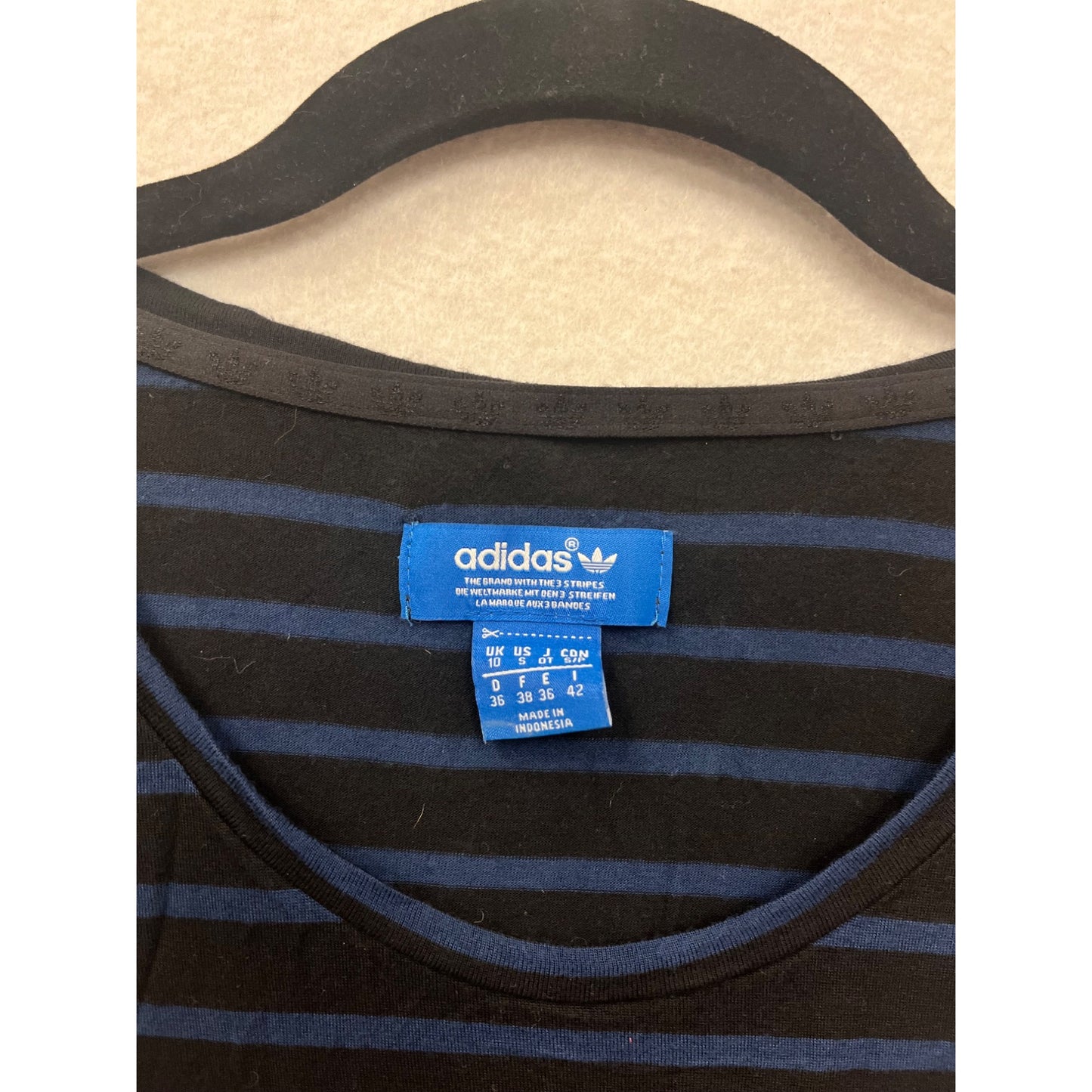 Adidas Womens Striped Short Sleeve T-Shirt W/ Pocket Navy & Black Size S #6809