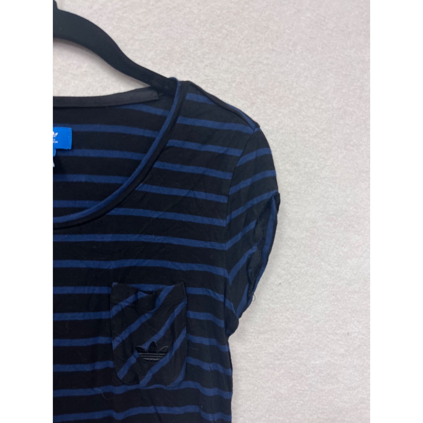 Adidas Womens Striped Short Sleeve T-Shirt W/ Pocket Navy & Black Size S #6809